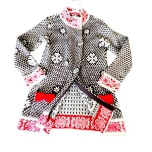 Tahari Snowflake Knit Longline Cardigan Coat Dress Black White‎ Red Size 6